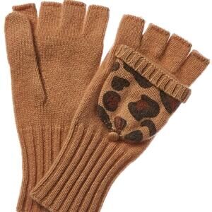 NWT Qi Cashmere Pop Top Gloves Camel Brown Black Leopard Print-